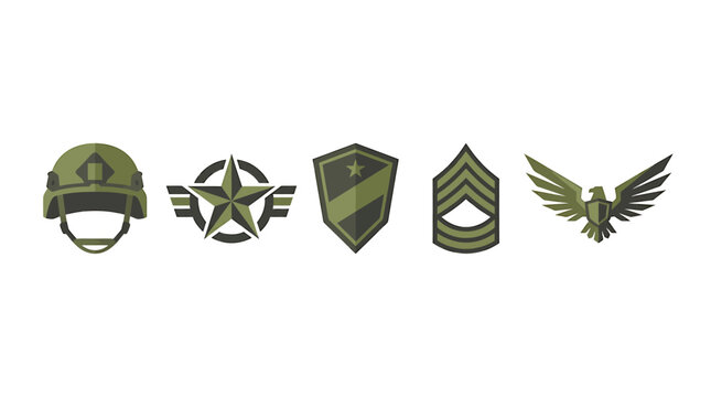 Military insignia icons in olive green, set of 5 army rank and combat symbols, tactical soldier helmet and eagle crest vector illustrations