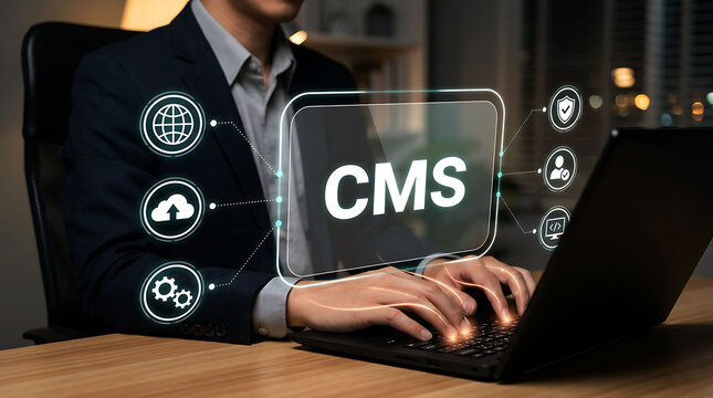 Businessman typing on laptop with glowing CMS technology digital graphic icons