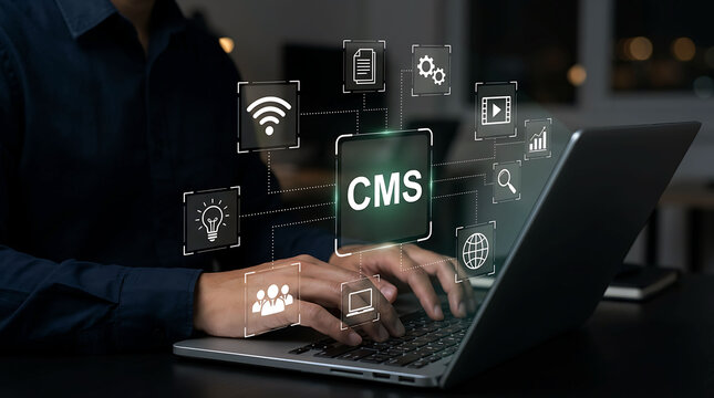 Businessman typing on laptop with glowing CMS technology icons floating around