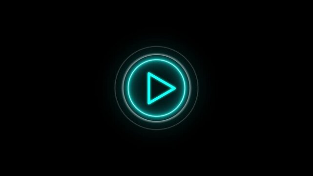 Glowing cyan neon play button icon with concentric circular sound waves and pulse light effects on dark background for media player interface and video streaming design.