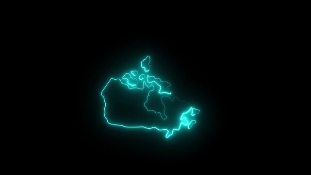Glowing neon outline of Canadian map showing internal provincial and territorial borders with a distinctive red maple leaf symbol located within Ontario on a solid black background.