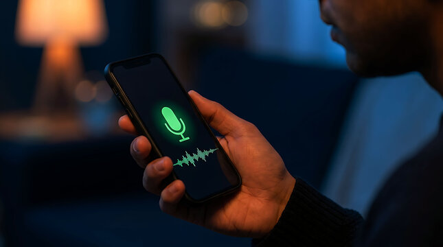 Man interacting with voice assistant AI voice recognition on his smartphone