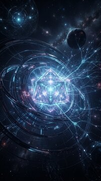 Abstract futuristic cosmic network with glowing geometric structure and planets in space