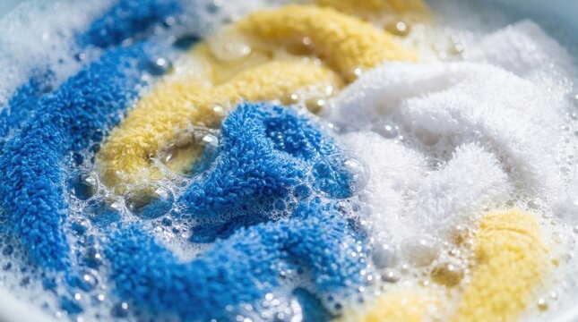 Colorful towels soaking in soapy water with bubbles