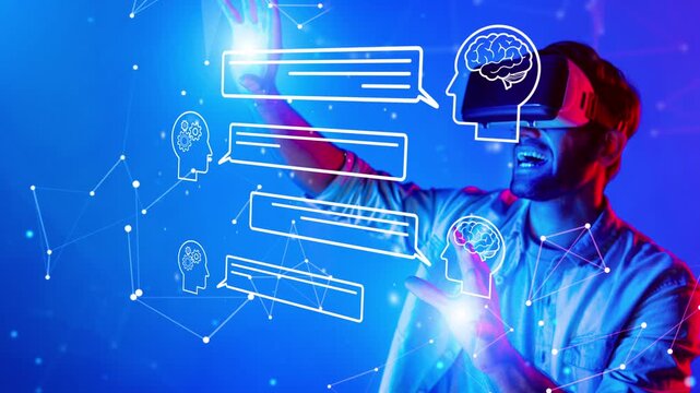 Young man wearing virtual reality headset in futuristic digital space interacting with abstract chat bubbles and brain icons concept of tech communication. Entropy.
