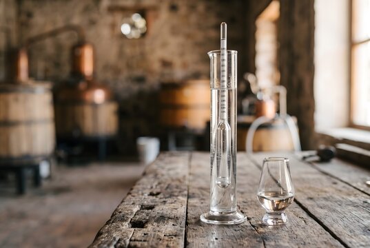 Elegant close-up photograph of a glass hydrometer floating in a tall cylinder of clear agave spirit on a weathered wooden workbench, a small tasting glass beside it catching warm window light.