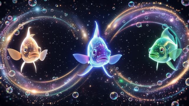 Luminous fish symbolizing Pisces zodiac sign, swimming through endless cosmic loop, surrounded by sparkling light trails, 4K video