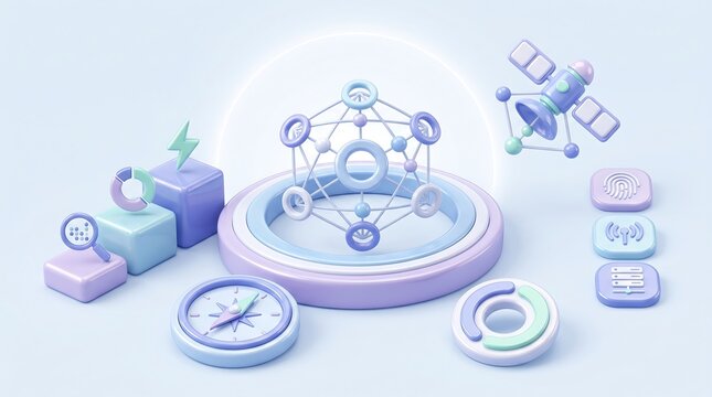 Global network connectivity and data visualization concept with digital globe and satellite icons for telecommunications and infrastructure planning in 3D isometric style