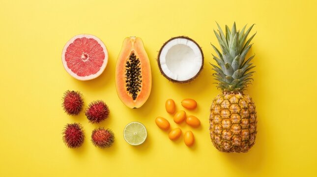 Top view of fresh tropical fruits including pineapple, papaya, grapefruit, lime, rambutan, and kumquats arranged on a bright yellow background