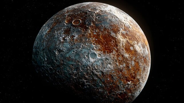 Detailed close up view of a rocky planet surface showing metallic copper craters and dark outer space background.