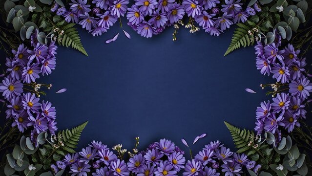 Purple daisy wreath with ferns frame on a dark navy blue background