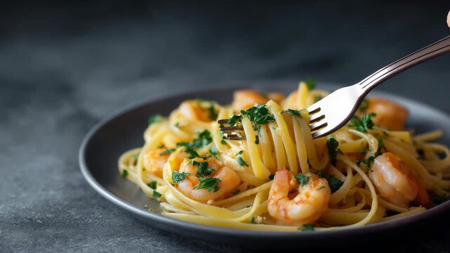 Delicious shrimp pasta with herbs and creamy sauce on dark background