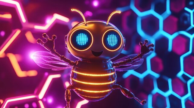 Cute futuristic bee robot in neon light