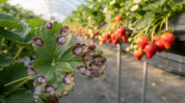 Strawberry leaf showing symptoms of common leaf spot disease in a greenhouse cultivation setting