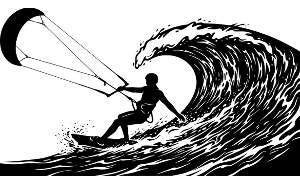 Kitesurfer Riding Ocean Wave with Kite Black Silhouette Vector