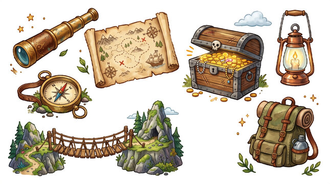 Storybook Adventure Illustration Elements With Magical Characters, Forests, Castles, Maps and Fantasy Objects