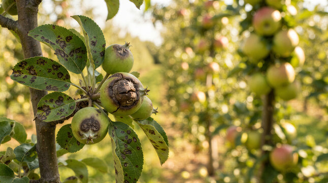 Diseased apple tree with damaged fruit and spotted leaves in an orchard