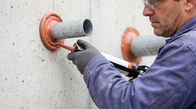 Construction worker applying sealant around a pipe penetration in a concrete wall