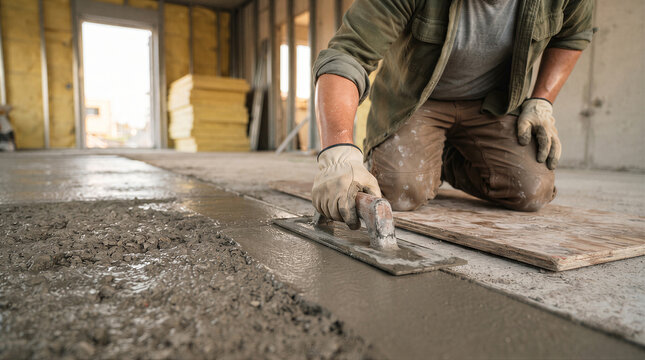 Construction worker kneeling on a wooden board while smoothing wet concrete floor with a metal trowel in a building under renovation