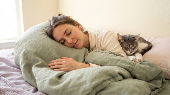 A peaceful young woman sleeping comfortably in bed with her cute grey tabby cat tucked beside her under a soft green duvet