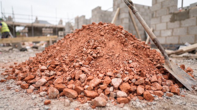 Pile of broken red bricks and construction debris on a building site with a shovel leaning against it