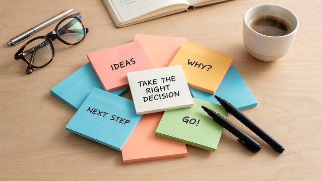 Colorful sticky notes with handwritten goals on a bright office desk