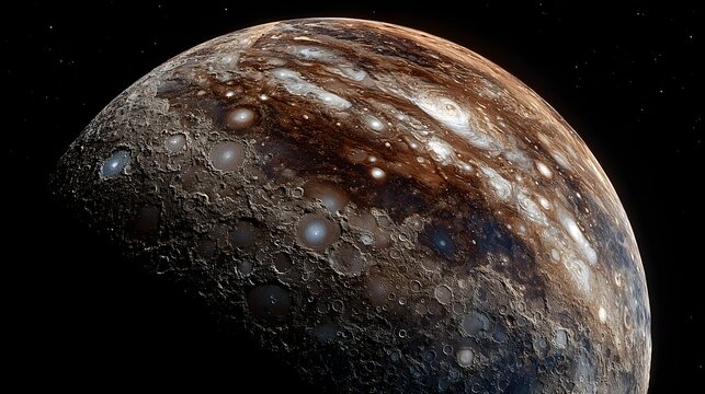 Detailed low orbit perspective of a cratered celestial moon showing complex geological surface textures.
