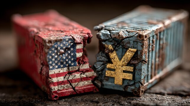 Crushed shipping containers with US flag and Chinese yuan symbol depicting trade war and economic clash.