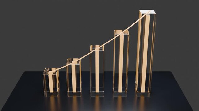 Golden business growth chart rising through transparent glass bars on dark background