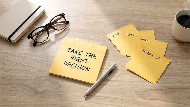 Handwritten decision message on a yellow sticky note at an office workspace
