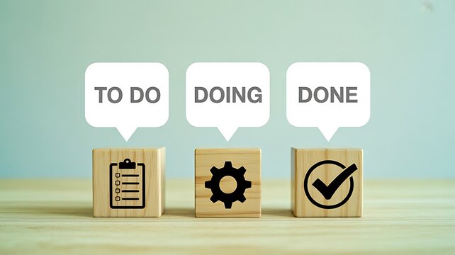 Task management process showing to do, doing, and done stages with productivity symbols