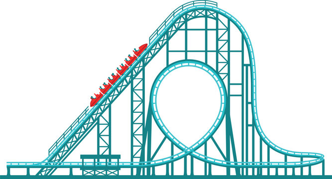 Roller coaster ride climbing tracks. amusement park attractions, steel frame structure, red rail carts, looping curves