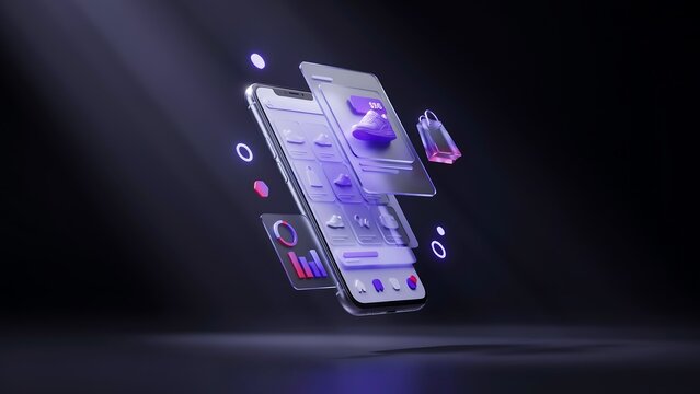 Smartphone with themed mobile shopping app and floating interface