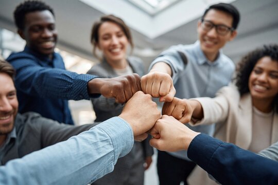 Diverse Business Team Doing Fist Bump Together in Modern Office Environment Emphasizing Collaboration and Unity
