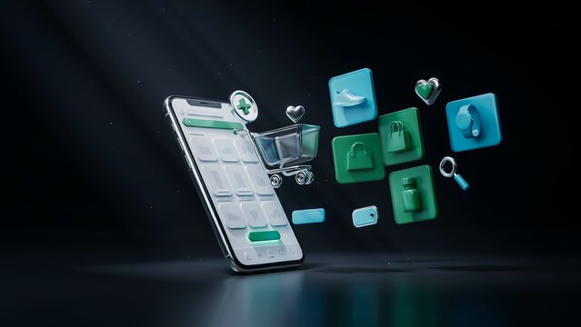 Smartphone displaying e-commerce application menu with floating shopping icons