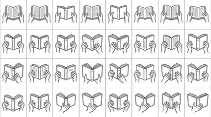 Obraz premium A set of hand-drawn icons depicting individuals reading various books showcases the joy of literature and learning in a creative and engaging manner.