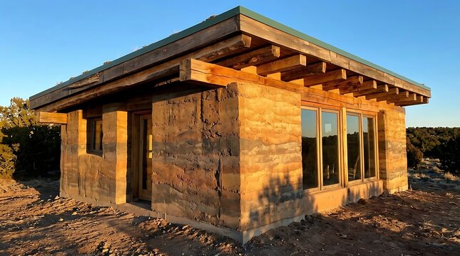 Modern Rammed Earth House at Golden Hour