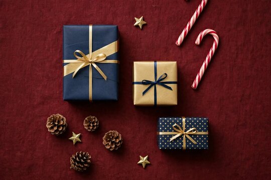 Top View Flat Lay of Wrapped Christmas Gifts on Dark Red Background, A flat lay top-down photograph of elegantly wrapped Christmas gift boxes in navy and gold paper