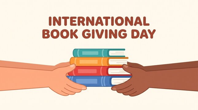 Hands exchanging colorful books on international book giving day