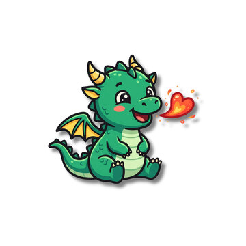 Cute green baby dragon cartoon character, adorable mythical creature breathing heart shaped fire, friendly fantasy monster sticker on white background