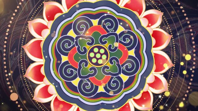 Symmetrical mandala animation with swirling floral patterns and glowing particles on dark cosmic background