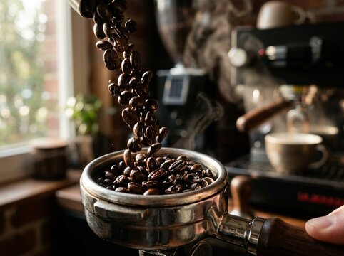 Coffee beans dispensing into portafilter on espresso machine