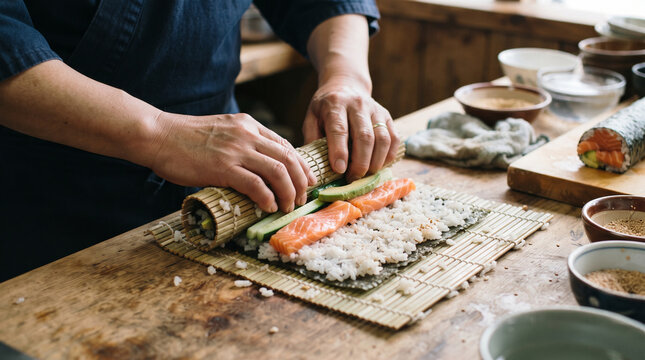 Professional sushi chef rolling fresh salmon and avocado maki with bamboo mat on wooden counter in traditional japanese kitchen.