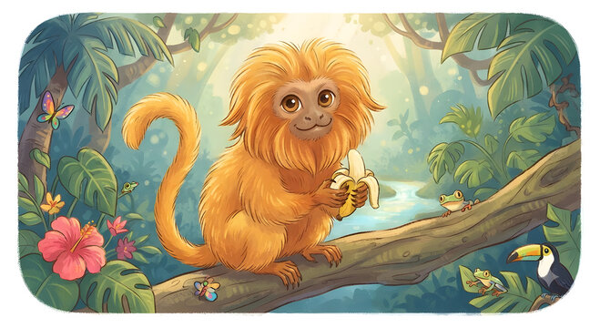 Adorable golden lion tamarin character holding a banana in a lush jungle, whimsical vector style illustration
