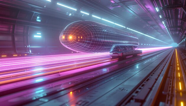 Futuristic Bullet-Shaped Wireframe Capsule Pod Speeding Through Sci-Fi Tunnel with Pink Light Trails