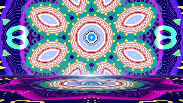 Symmetrical psychedelic mandala animation with glowing neon geometric patterns and pulsating kaleidoscopic motion
