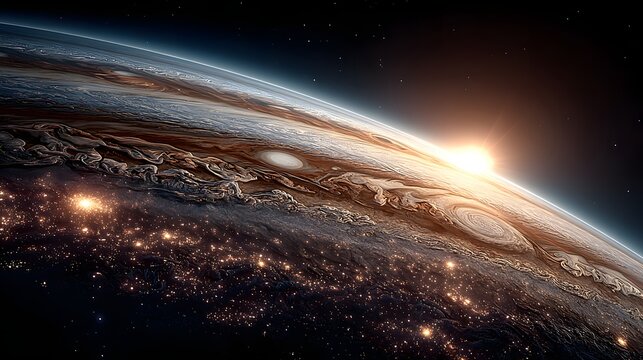 Close up view of jupiter swirling atmosphere texture with bright sun flare behind horizon.