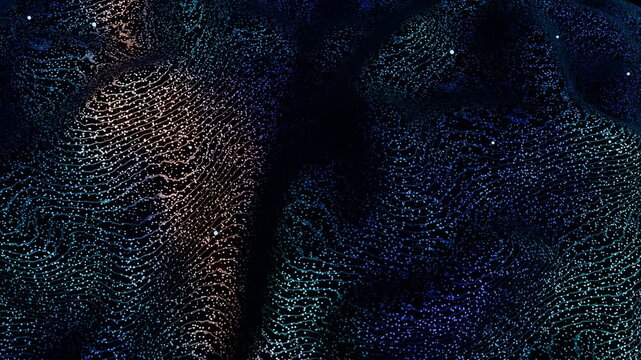 Abstract brain contours shimmer with copper particles across a dark surface, forming an AI visualization; the brain becomes an abstract digital texture, a futuristic field of flowing luminous folds.