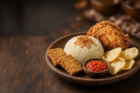 Rice with fried chicken side dish, tempeh and sambal