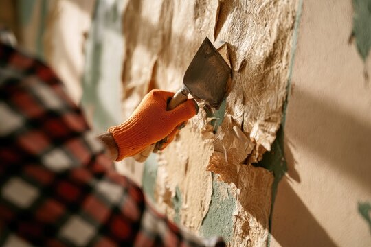 Hand wearing orange glove scrapes peeling wallpaper off a wall